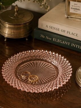 Vintage 1930s “Miss America” pink depression glass round trinket tray